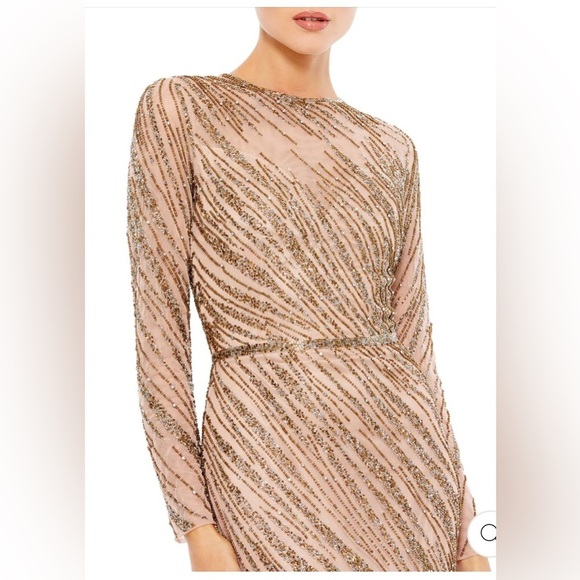 NWT Mac Duggal Long Sleeve Beaded Column Mocha Gown Size 8 - Picture 3 of 7